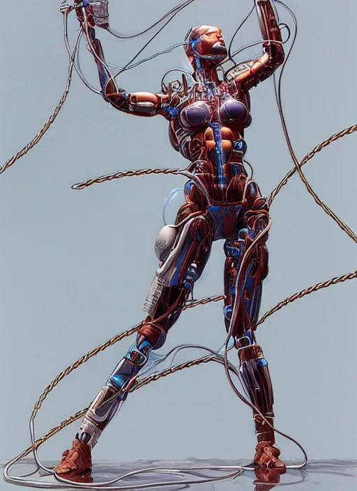 Prompt: a cyborg woman connected by cables bathed in a liquid by Michael Whelan and Tristan Eaton, highly detailed, trending on artstation