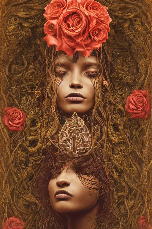 Image similar to Rose witch portrait, black woman, very dark brown skin, southern gothic style, ornate baroque details, tarot, occult, roses, inspired by zdzislaw beksinski :: 4k photograph, photographed by Jovana Rikalo, Trending on artstation, artstationHD, artstationHQ, 4k, 8k