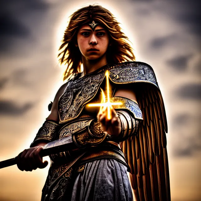 Prompt: photo of a beautiful angelic warrior with light powers, highly detailed, 4 k, hdr, smooth, sharp focus, high resolution, award - winning photo