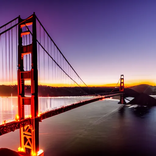 Image similar to a photo of a airplane flying under golden gate bridge at dusk