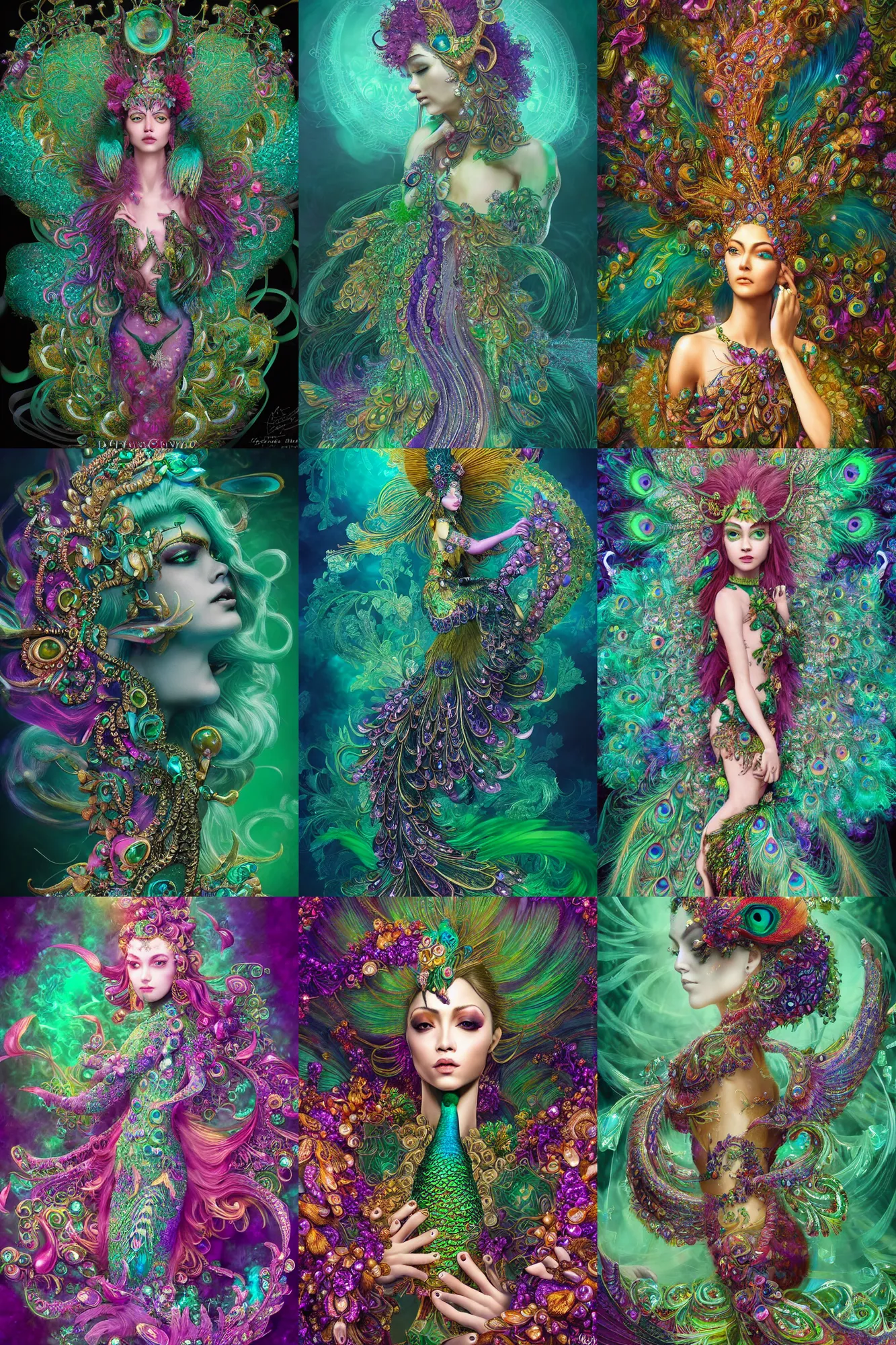 Prompt: a stunning rendition of jade lovecraftian jade peacock made of fractal gems, fractal crystal, intricate details, hyperrealistic, octane render, very colorful, vibrant, cinematic, ornate, luxury, elite, james jean, brian froud, ross tran