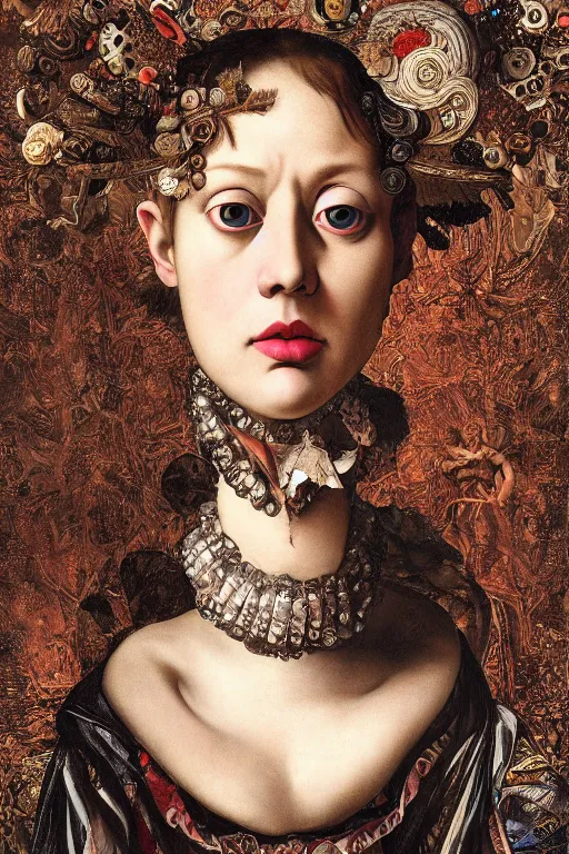 Prompt: Detailed maximalist portrait with large lips and with large, wide eyes, sad expression, extra hands, HD mixed media, 3D collage, highly detailed and intricate, surreal, illustration in the style of Caravaggio, dark art, baroque