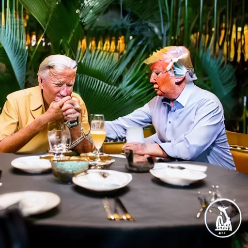 Image similar to Trump and Biden having dinner at a fancy Balinese restaurant, award winning photography, 85mm, perfect faces