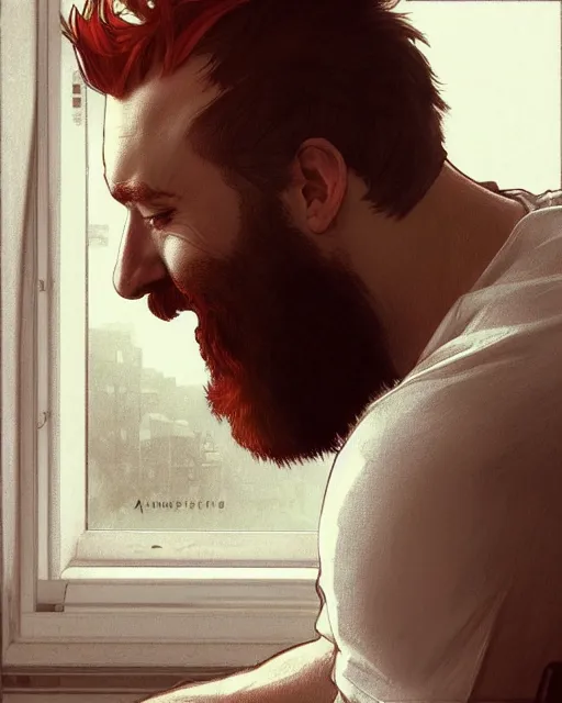 Image similar to low angle of attractive red - headed bearded man wearing a white t - shirt looking out the window expectantly, a smile on his lips, highly detailed, digital painting, artstation, concept art, smooth, sharp focus, illustration, art by artgerm, greg rutkowski, alphonse mucha, j. c. leyendecker