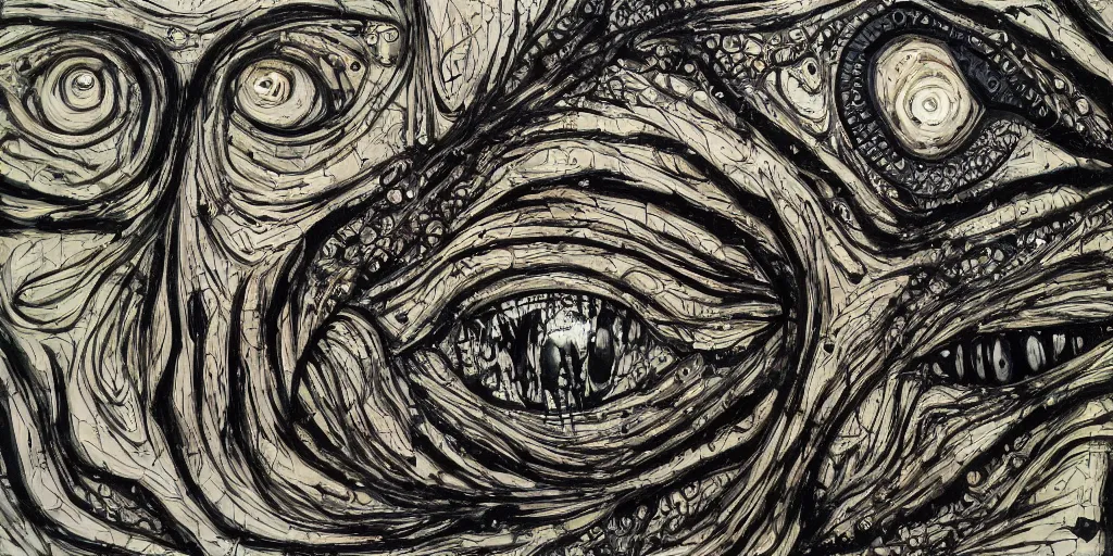 Prompt: camo of eyes, technical, acrylic, teeth, eerie, tribal, clay, dots, lines, stipple, points, grid, cybernetic, old painting, francis bacon, swirly eyes, hypnosis, eerie, sharp