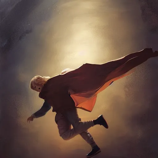 Prompt: blonde boy wearing a brown cape and flying in t pose, space background, oil painting, brush strokes, greg rutkowski