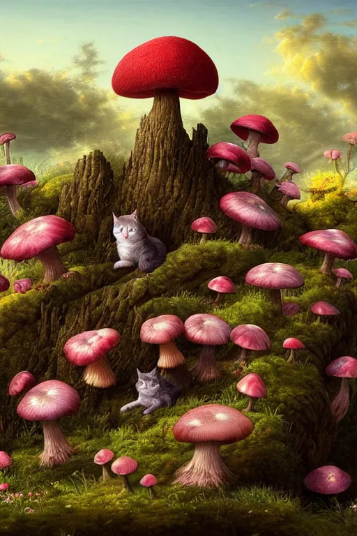 Image similar to a beautiful digital illustration painting of a detailed fantasy cats and roots, mushroom, flowers by benoit b. mandelbrot, steven belledin, martin johnson heade, lee madgwick, caspar david friedrich, and david rios ferreira. 8 k resolution trending on artstation concept art digital illustration