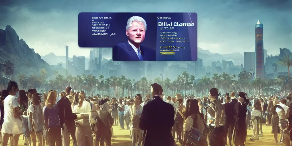 Prompt: bill clinton showing pictures of new loyalty marketing program with government id cards on a massive screen at coachella stage, orwellian, elegant, highly detailed, digital painting, artstation, concept art, dystopian, sharp focus, brutalist illustration, art by artgerm and greg rutkowski and alphonse mucha, 8 k