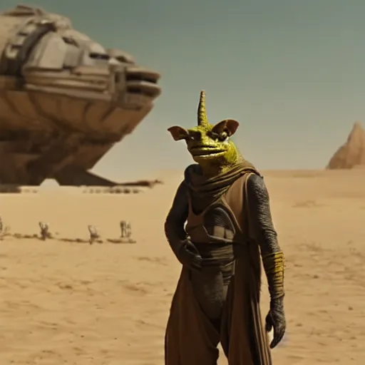 Image similar to Bossk standing in front of his ship on tatooine, movie still, cinematic