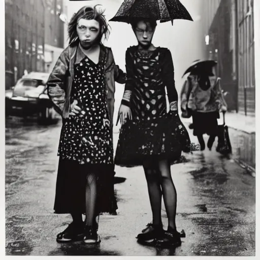 Prompt: night flash color portrait photography of punk kids on the lower east side by diane arbus, colorful!, nighttime!, raining!