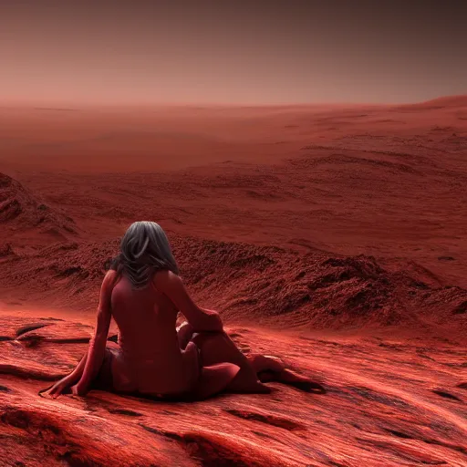 Image similar to Still of a Martian woman with gorgeous flowing hair on Mars, sitting on a Martian rock, reddish atmosphere with detailed highlights, dark gloomy sky cascading upon the atmosphere, well-detailed ornate Martian mountains in the background, trending on artstation, 4k, 8k