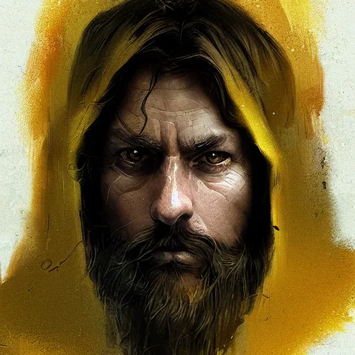 Image similar to portrait of a man by greg rutkowski, old jedi master nat skywalker, long messy hair, beard, wearing a yellow and black tactical gear, star wars expanded universe, highly detailed portrait, he is about 5 0 years old, digital painting, artstation, concept art, smooth, sharp foccus ilustration, artstation hq