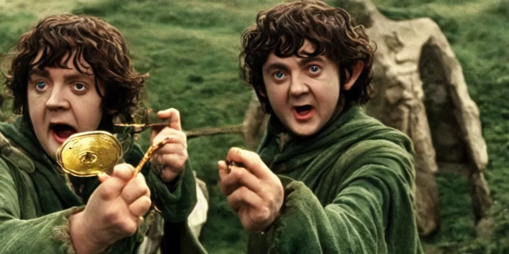 Prompt: A full color still from Stanley Kubrick’s Lord of the Rings featuring Paul McCartney as a hobbit, holding a golden ring inside his home, 35mm, 1970