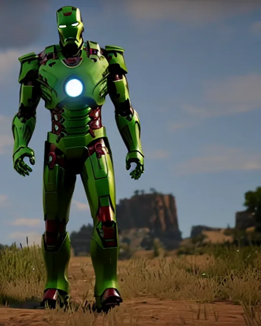 Image similar to green iron man suit in red dead redemption 2, cinematic, photorealistic