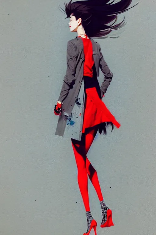 Image similar to a ultradetailed painting of a stylish woman wearing a grey jacket with red skirt, by conrad roset, greg rutkowski and makoto shinkai trending on artstation