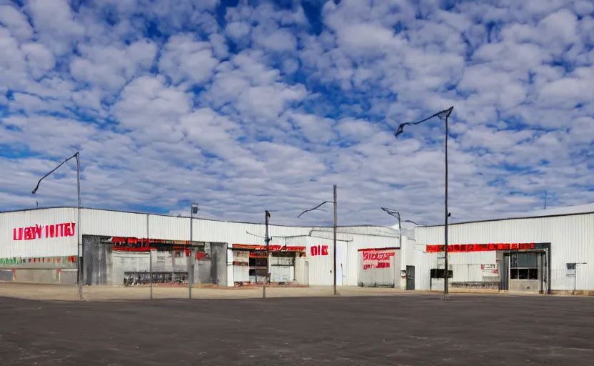 Prompt: industrial grey metal warehouse complex, large empty parking lot in front of it, in the center of the warehouse is a fast food restaurant with neon signs, sea in the background