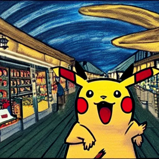 Image similar to pikachu in an old english market place the style of the scream,