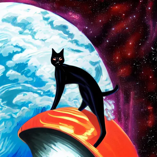 Image similar to black cat in space suit in style of Art Deco, retrofuturism, 4k, hyper realistic, incredible details,