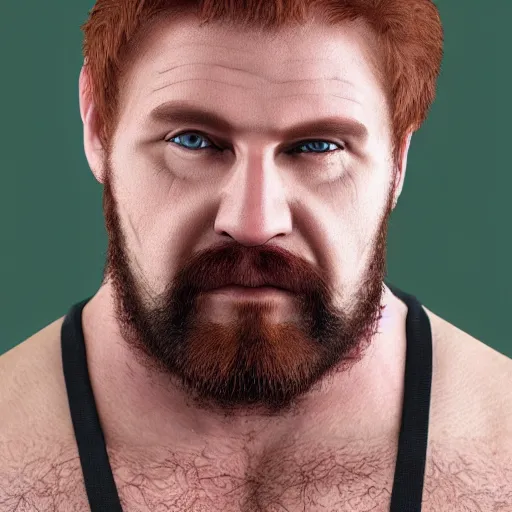 Image similar to burly russian man with large jaw, medium - length red hair, short goatee, innocent green eyes, and broad shoulders