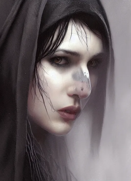 Image similar to a teenage girl with very short black hair and a huge cloak made of grey and black raven feathers standing in the mist. mist swirls around her. beautiful highly detailed face. beautiful painting by artgerm and greg rutkowski and raymond swanland