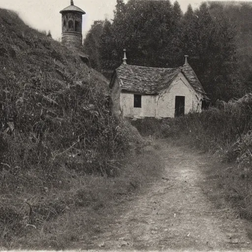 Prompt: isolated village that seems to be haunted, 1900s photograph