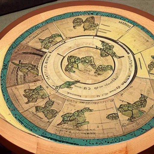 Prompt: a stack of turtles beneath a round disc map, map on top