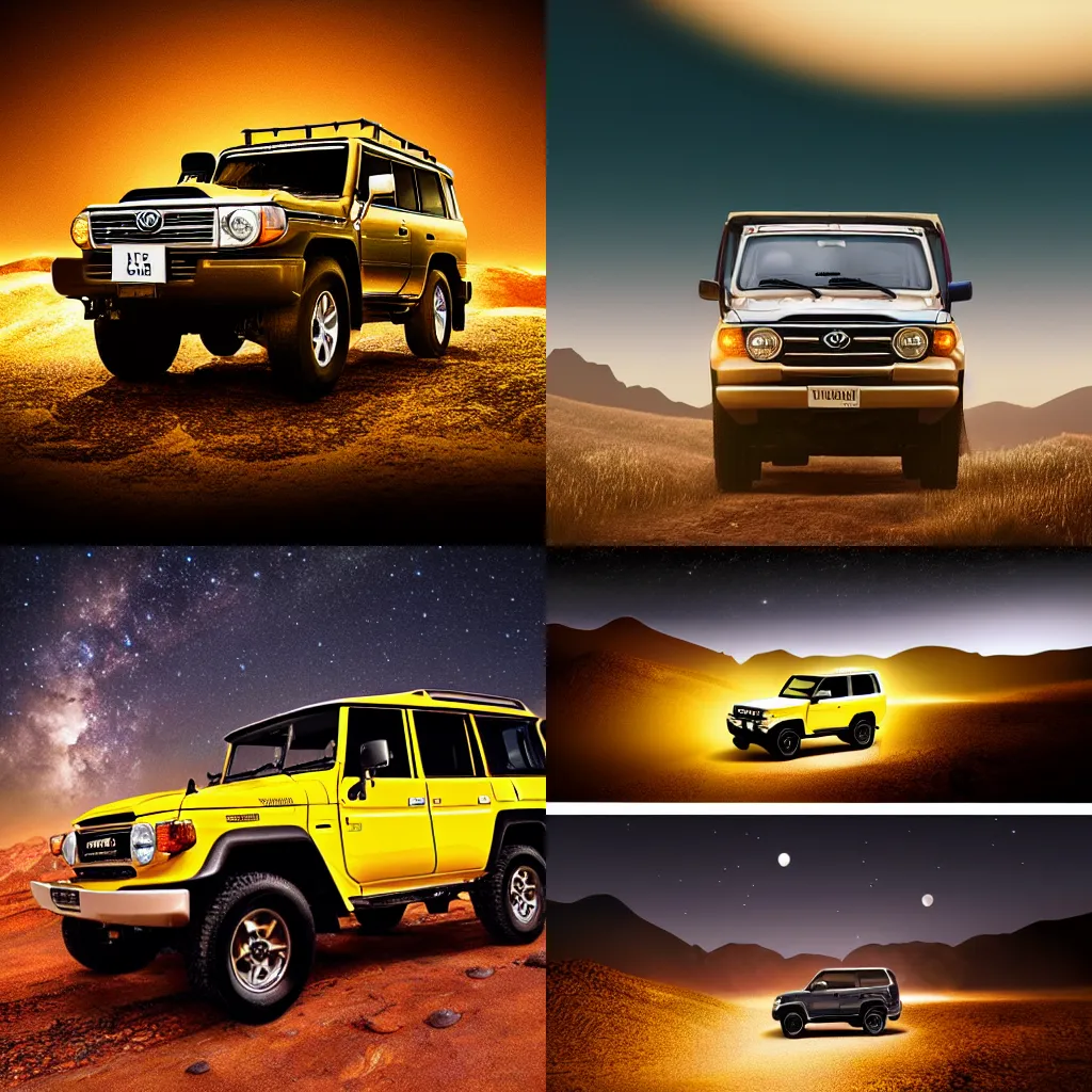 Prompt: Image of Toyota Landcruiser golden color in mountains with stars at nighttime neon photorealistic