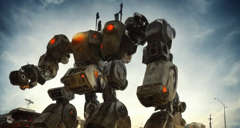 Image similar to large diesel punk mecha robot, world war 2, low angle photography, beautiful, soft lighting, artstation,