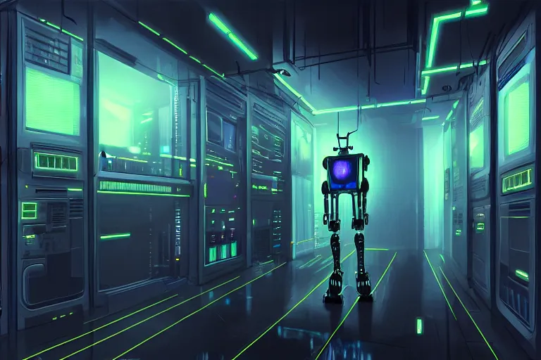 Prompt: robot in a server room, blade runner style, neon, by m. w. kaluta, makoto shinkai, highly detailed digital painting artstation concept art, smooth, sharp focus