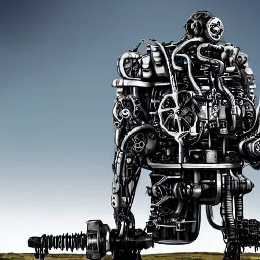 Image similar to a man with engines growing out of his back, man engine, man and machine, mech