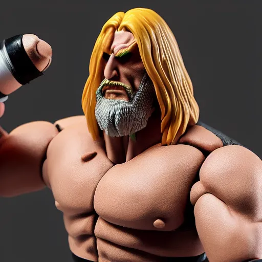 Prompt: Full body shot of a highly detailed flexible Triple H vinyl figurine as a villain, white background, 3d, high quality, depth of field, high contrast, 8k, concept art, smooth, sharp focus, highly detailed, wrestling, WWE