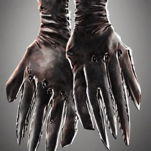 Image similar to metal claws on gloves, old leather gloves with attached talons, pointy fingertips, dark background, highly detailed, 8 k, trending on artstation, mystic, rpg artwork, by peter jackson, by sauron