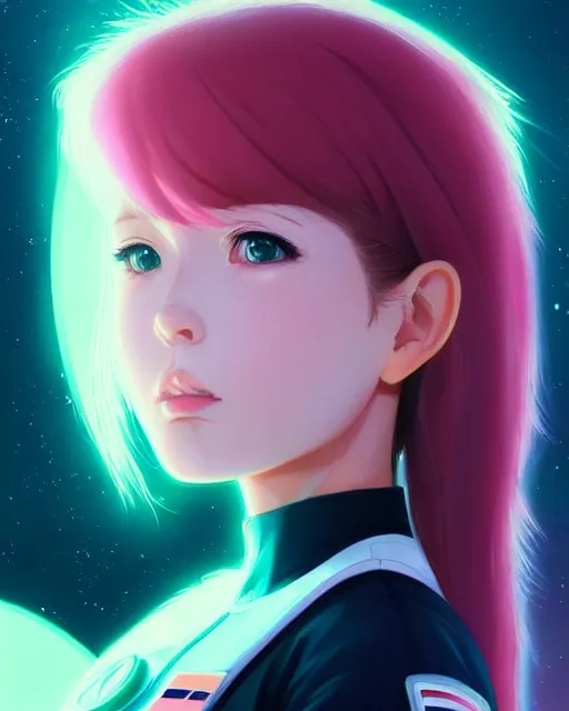 Prompt: portrait Anime space cadet girl Anna Lee Fisher anime cute-fine-face, pretty face, realistic shaded Perfect face, fine details. Anime. realistic shaded lighting by Ilya Kuvshinov Giuseppe Dangelico Pino and Michael Garmash and Rob Rey, IAMAG premiere, aaaa achievement collection, elegant freckles, pink hair, neon hologram, fabulous, daily deviation, annual award winner