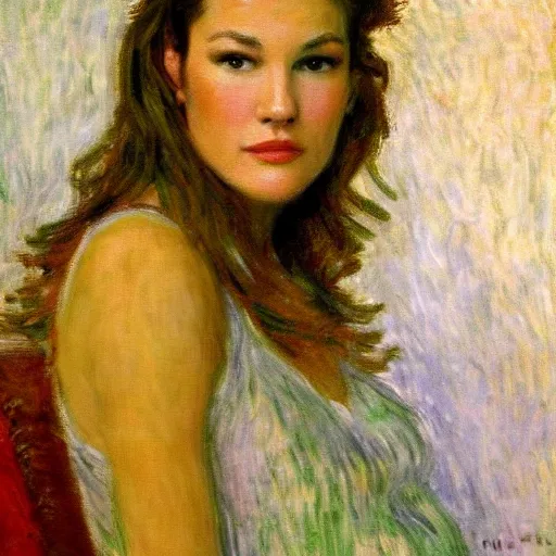 Prompt: portrait of a young diane lane by claude monet, impressionist, hd, beautiful, glamorous, award winning, 4 k