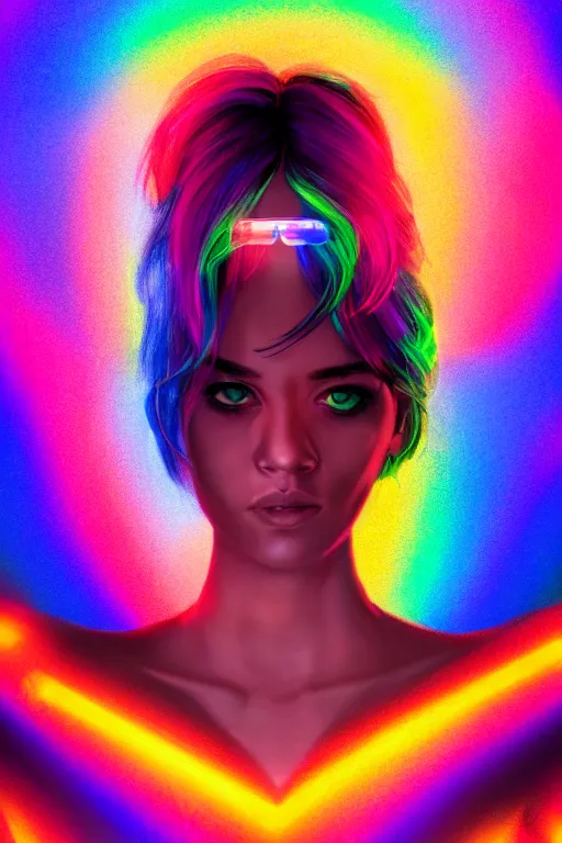 Prompt: a award winning half body portrait of a beautiful woman with stunning eyes in a croptop and cargo pants with hair made from rainbow colored smoke, outlined by whirling illuminated neon lines, outrun, vaporware, shaded flat illustration, digital art, trending on artstation, highly detailed, fine detail, intricate