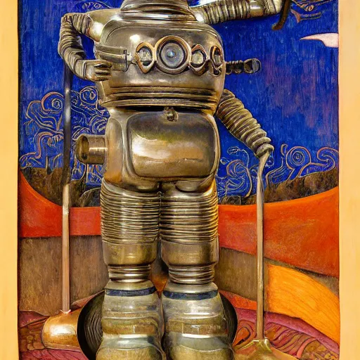 Image similar to ornate robot cat sculpture, by annie swynnerton and diego rivera and nicholas roerich and jean delville and janet fish, symbolist, dramatic lighting, god rays, art brut, rich colors, smooth, sharp focus, extremely detailed, adolf wolfli and ( donato giancola and bilibin )
