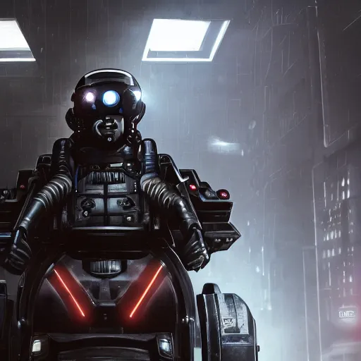 Image similar to panorama military police cyborg on a sci-fi jetbike, wearing bullet-riddled armor, glowing red eyes, wearing brutalist art deco industrial cyberpunk alley, dynamic dramatic dark moody lighting,shadows,cinematic atmosphere,Artstation, hyperrealistic 3D digital art,Octane render,8K 4K UHD image