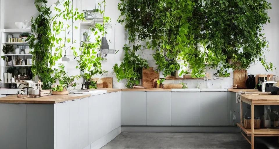 Image similar to IKEA catalogue photo, high end farm house style kitchen, sand piled in corners, dust, organic, vines, overgrown, tropical, by Dali