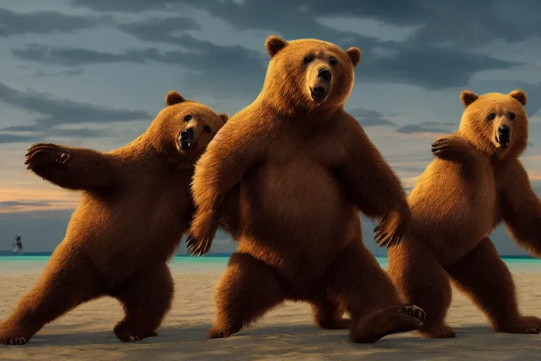 Image similar to Bears dancing at a party at the beach, cinematic, atmospheric, 8k resolution, ArtStation, Hyperrealistic