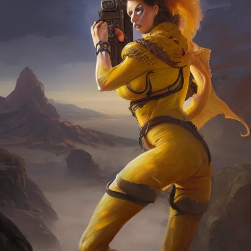 Prompt: a female Kender wearing a yellow jacked aiming her hoopak towards the viewer, oil painting, insanely detailed, Larry Elmore, Greg Rutkowski, Charlie Bowater, Fantasy Art, Dungeons and Dragons, Dragonlance Illustration, unreal 5, DAZ, hyperrealistic, octane render, RPG portrait, dynamic lighting, fantasy art, beautiful face