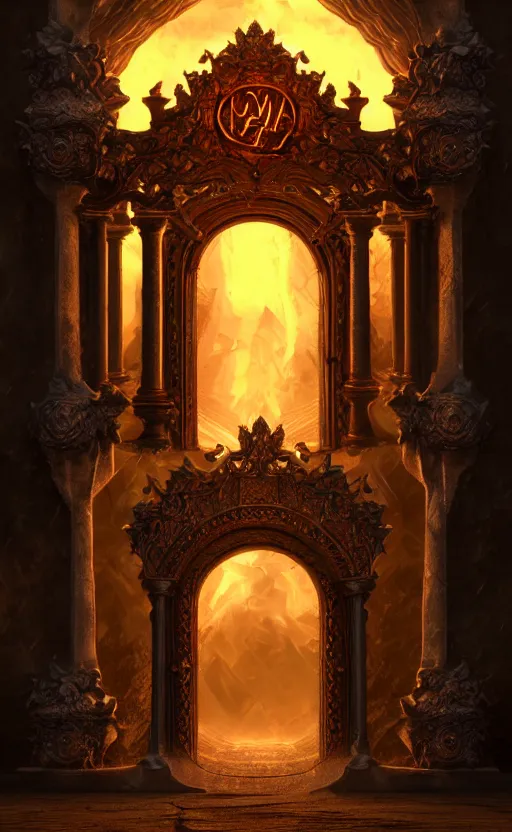 Image similar to a ornamental gate into hell, ornament, intarsia, portal, doorway, dynamic lighting, ambient lighting, atmospherical, photorealistic fantasy concept art, trending on art station, stunning visuals, creative, cinematic, ultra detailed