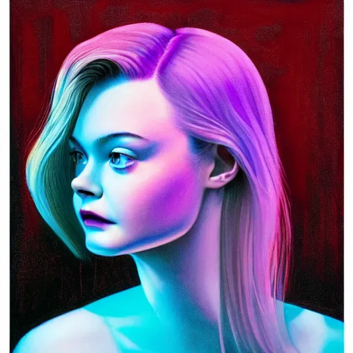 Prompt: Elle Fanning transcending into cyberspace in the style of Paola Vetri, head and shoulders portrait, stormy weather, extremely detailed masterpiece, oil on canvas, low-key neon lighting, artstation, Blade Runner 2049, Roger Deakin’s cinematography, by J. C. Leyendecker and Peter Paul Rubens and Edward Hopper and Michael Sowa,
