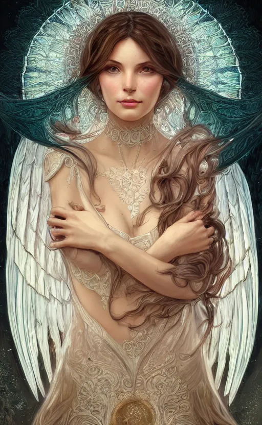 Prompt: a photograpic portrait of a pretty woman, angel, fantasy, intricate, elegant, highly detailed, digital painting, artstation, centered, concept art, smooth, sharp focus, arc, illustration, art by artgerm and h r giger and alphonse mucha