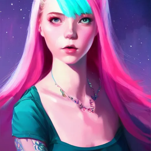 Image similar to colorful and festive captivating teenager girl with pink hair, cyan top crop, black skirt, black leggings, cute look. rich vivid colors, ambient lighting, dynamic lighting, 4 k, atmospheric lighting, painted, intricate, highly detailed by charlie bowater