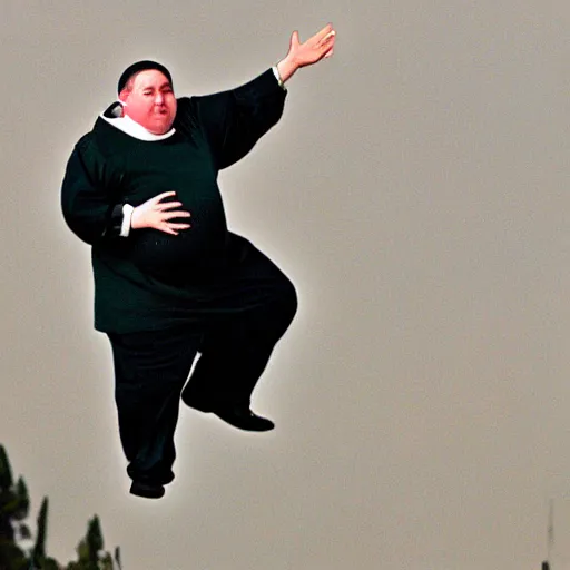 Image similar to fat catholic priest flying through the air as peter pan