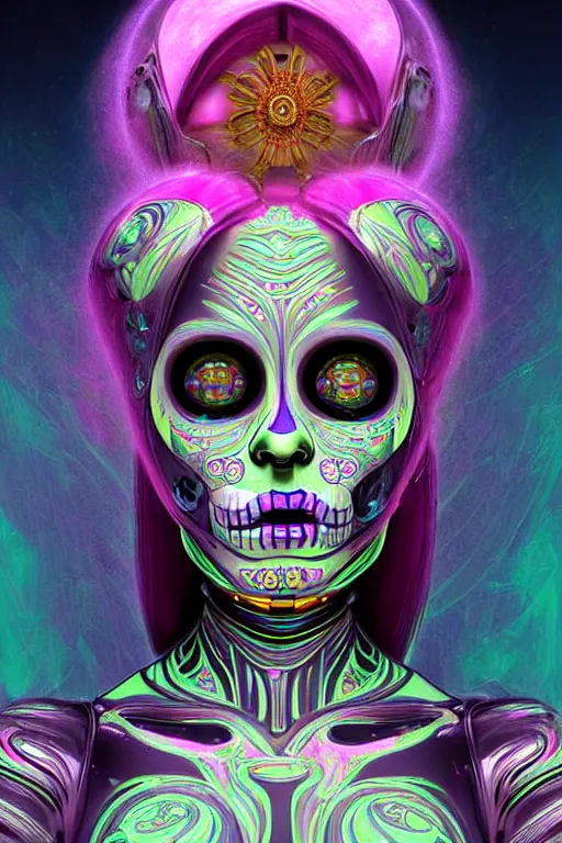 Prompt: ultra detailed female android deity, 8 k, still from a movie!!, flowerpunk, psychedelic vector art!!!, digital painting, sci - fi, fantasy, ( dia de los muertos ), asymmetrical,!! concept art, art by artgerm and giger and michael welan and alphonse mucha and loish and wlop
