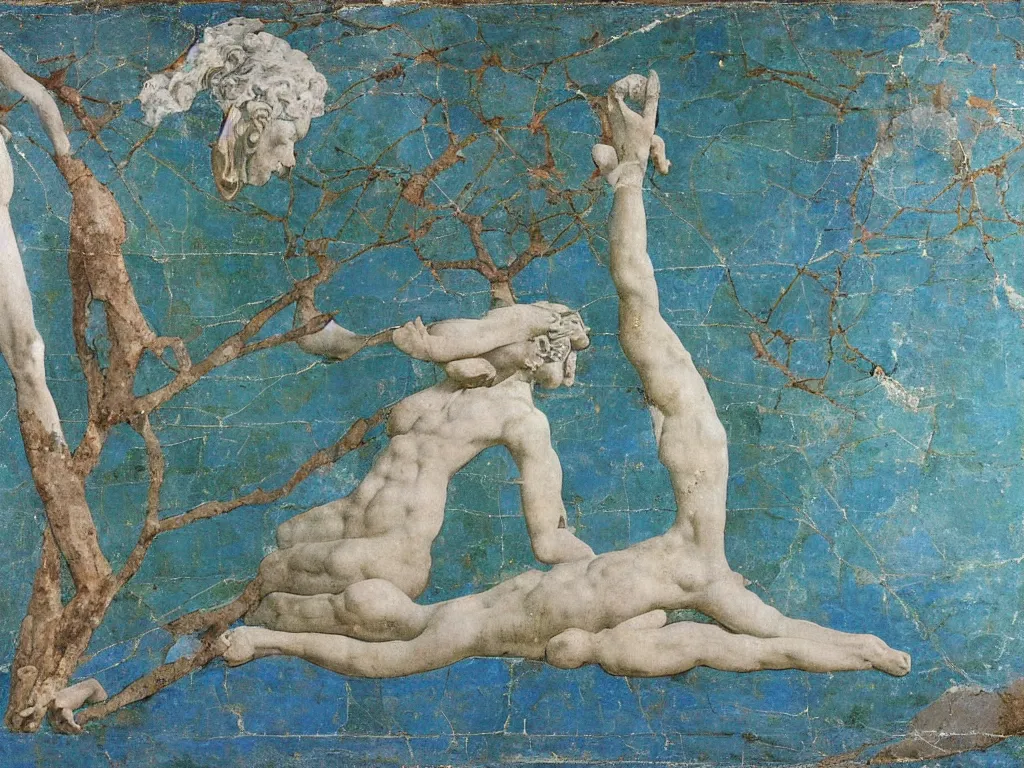 Image similar to broken, ruined marble greek sculpture the head of apollo lying in the sand, tree. lapis - lazuli, turquoise, malachite, cinnabar, earth brown. painting by piero della francesca, balthus, agnes pelton