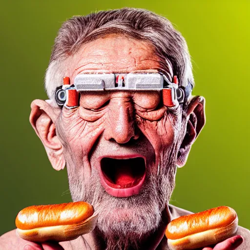 Image similar to Colour Photography of 1000 years old man with highly detailed 1000 years old face wearing higly detailed VR Headset. Man eating hot-dog in style of Josan Gonzalez