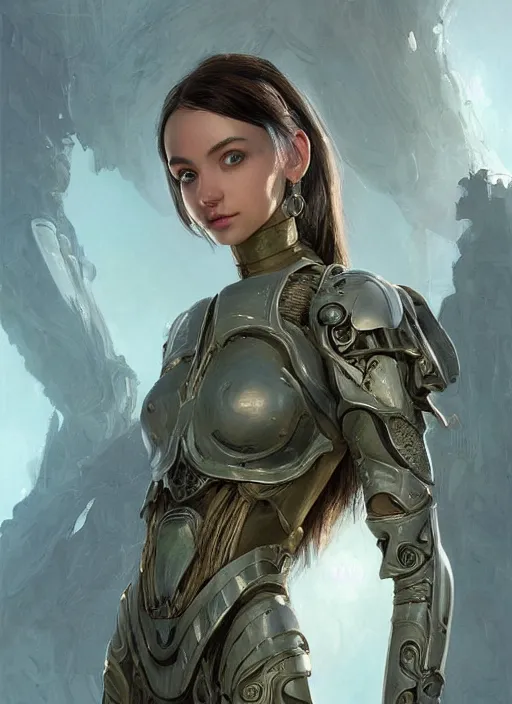 Image similar to a professional painting of a beautiful young female alien, clothed in ethereal armor, olive skin, long dark hair, beautiful bone structure, symmetrical facial features, intricate, elegant, digital painting, concept art, smooth, sharp focus, illustration, from Valerian and the City of a Thousand Planets, by Ruan Jia and Mandy Jurgens and Artgerm and William-Adolphe Bouguerea