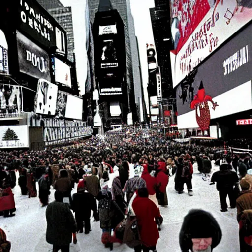 Prompt: Satanic States of America, alternate history, black mass Christmas, 1999 Christmas, Times Square, 1999 photograph